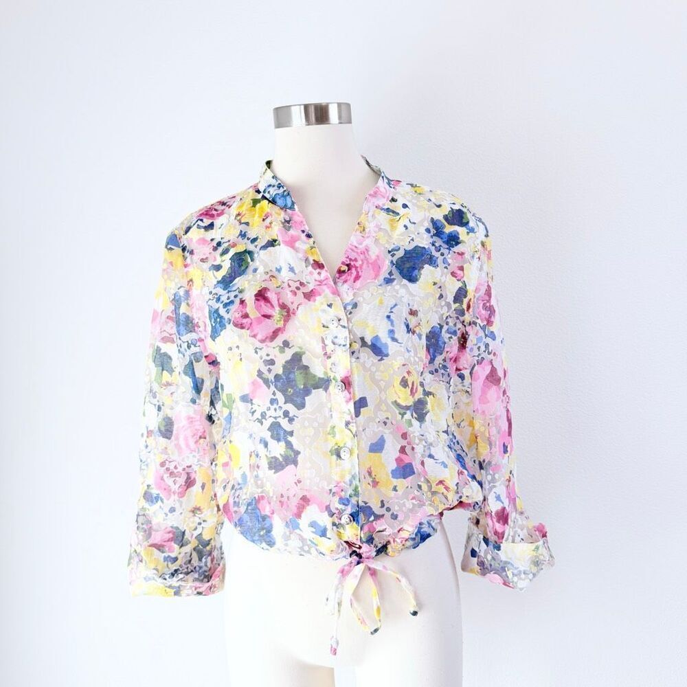 Lark Lane Sheer Flower Floral Velvet Burnout Button Down Blouse Top Shirt Large